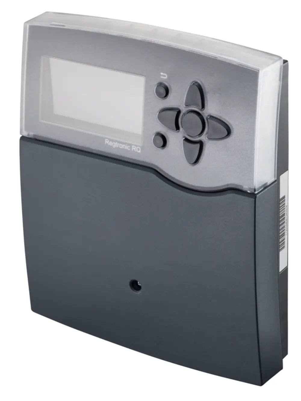 Oventrop Regler mit einem Display und Steuerelementen für die Regelung. Kompaktes Design in dunkler Farbe, geeignet für verschiedene Heizsysteme.